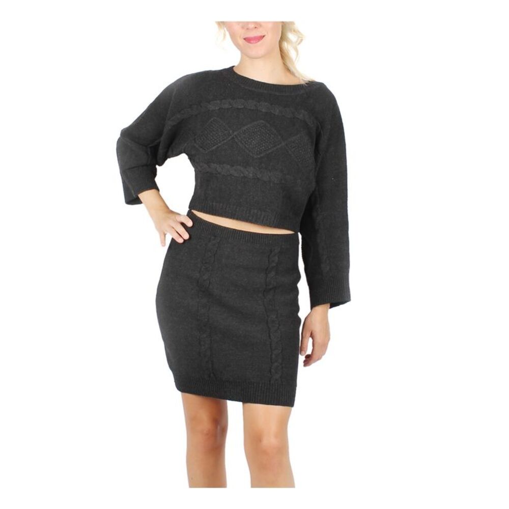 CRYSTAL DOLLS Womens Sweater Crop Top Black Bell Sleeve Crew Neck Juniors S
